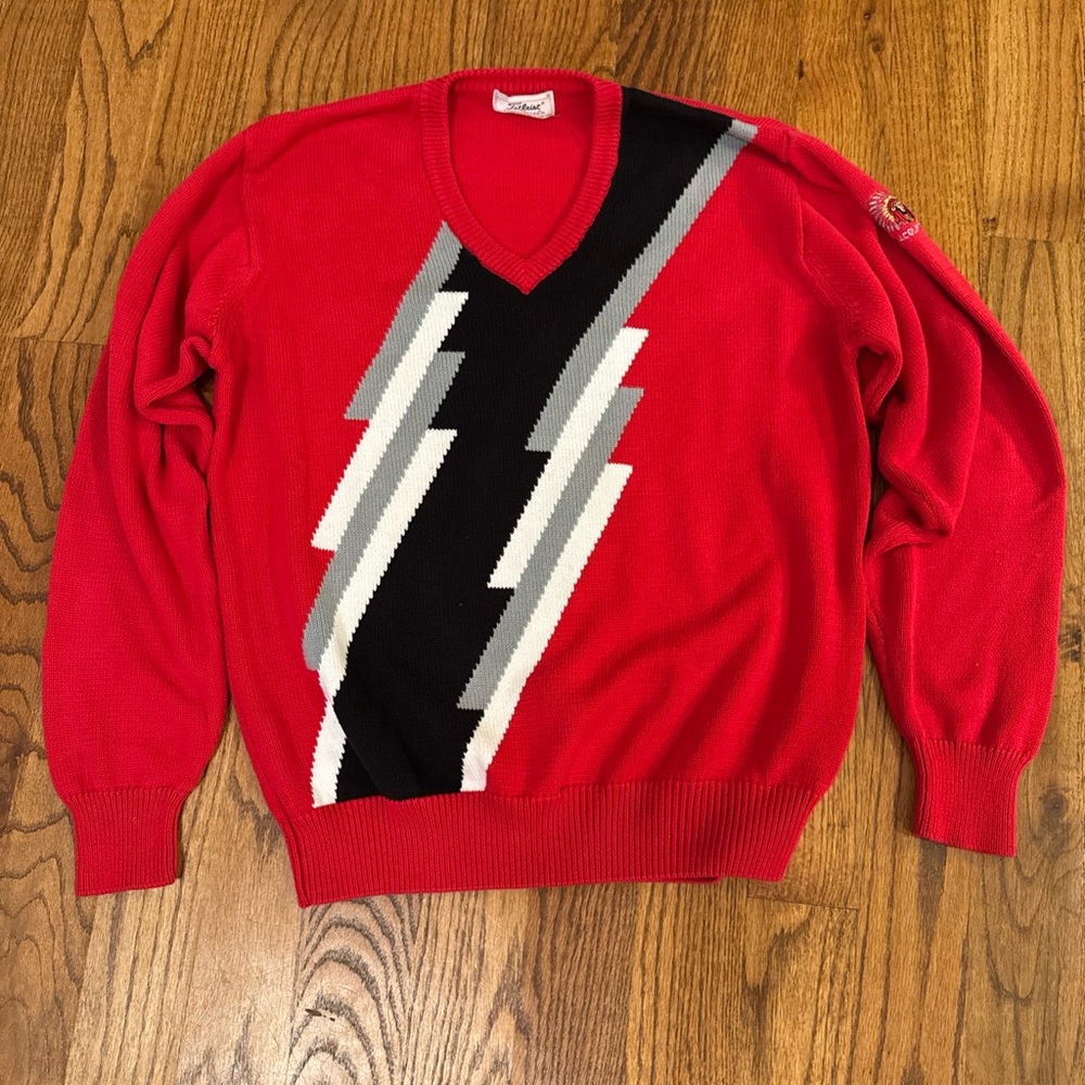 Titleist Red V-Neck Sweater with‎ Black and Gray Stripes